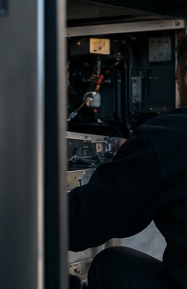 Engineer servicing commercial laundry equipment